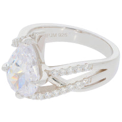 Pear white Moissanite sterling silver ring with accent stones, showcasing timeless elegance and luxury.