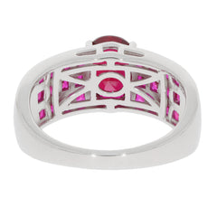 Back view of an Oval Red Ruby Sterling Silver Ring showcasing intricate design and vibrant ruby accents.