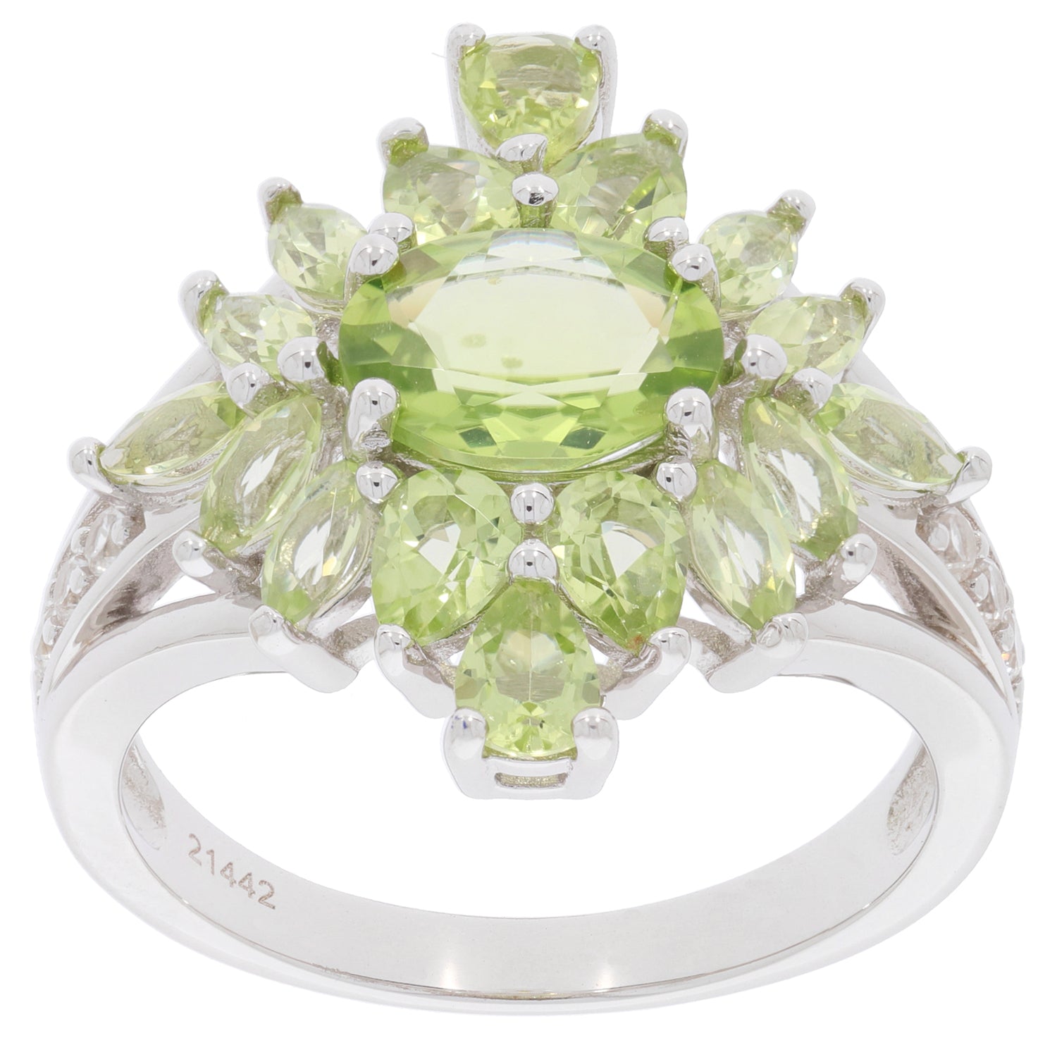 Elegant Green Peridot and Diamond Accent Sterling Silver Ring, showcasing a stunning round and marquise cut design.
