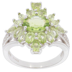 Elegant Green Peridot and Diamond Accent Sterling Silver Ring, showcasing a stunning round and marquise cut design.