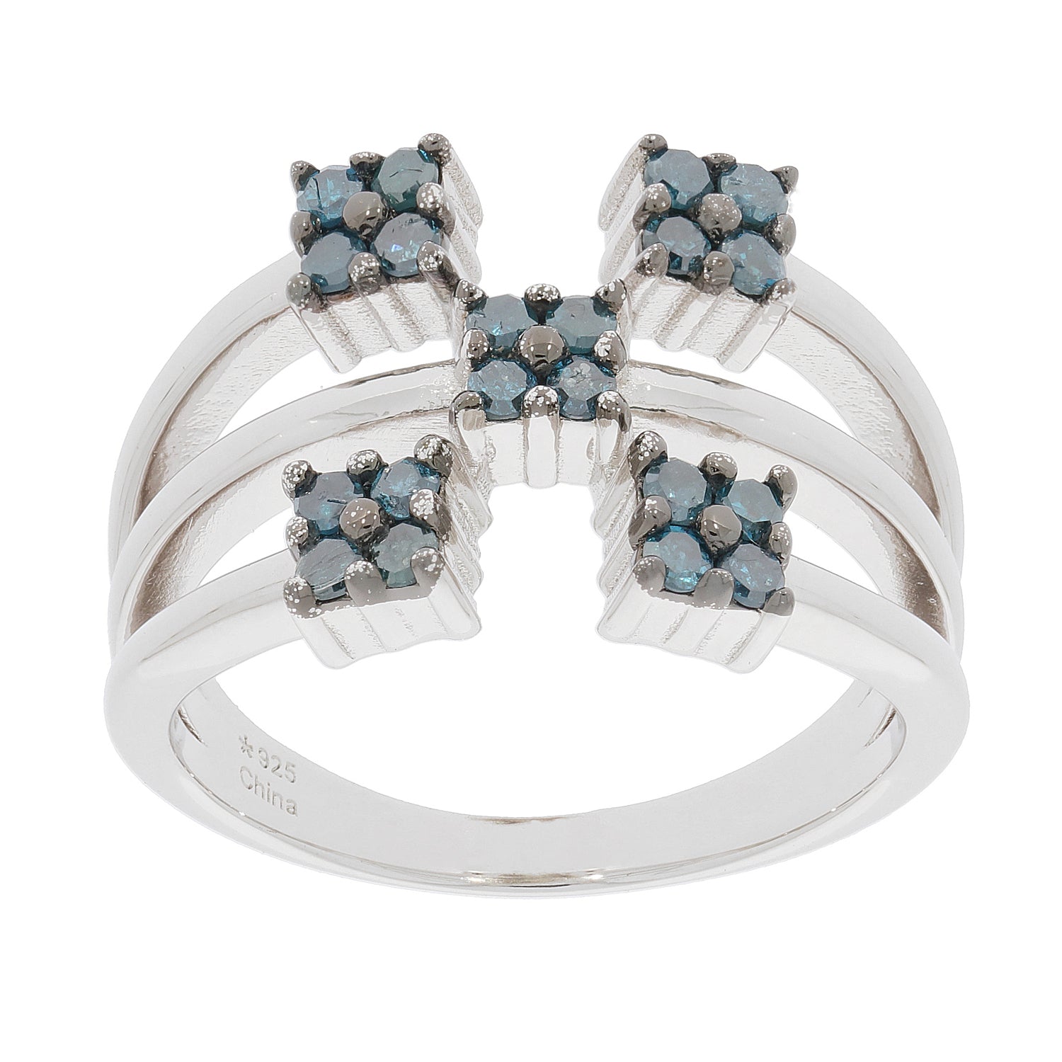 Blue diamond sterling silver ring with unique cross design, featuring sparkling gemstone accents.