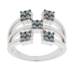 Blue diamond sterling silver ring with unique cross design, featuring sparkling gemstone accents.
