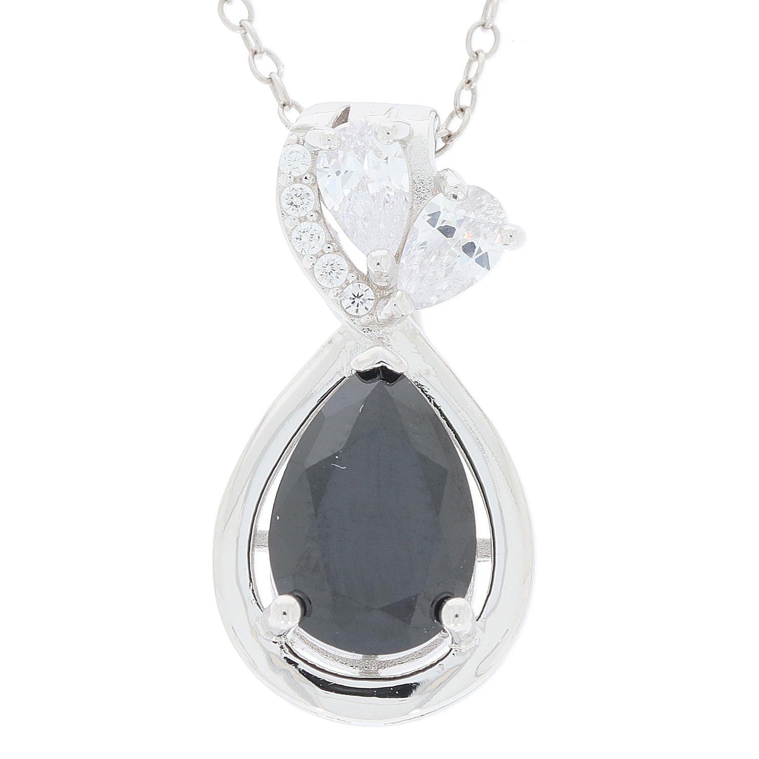 Elegant Pear Black Moissanite Sterling Silver Pendant with sparkling Moissanite accent, showcasing luxury and sophistication.