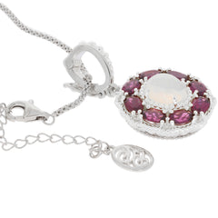Elegantly designed oval white opal sterling silver pendant with sparkling gemstone accents.