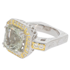Emerald green amethyst sterling silver ring with diamond accents, featuring an elegant design and luxurious finish.