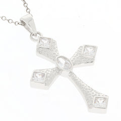 Elegant sterling silver cross pendant with sparkling gemstones, perfect for adding a touch of grace to any outfit.