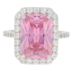 Pink sapphire sterling silver ring with accent diamonds, featuring a large rectangular cut gemstone surrounded by sparkling stones.