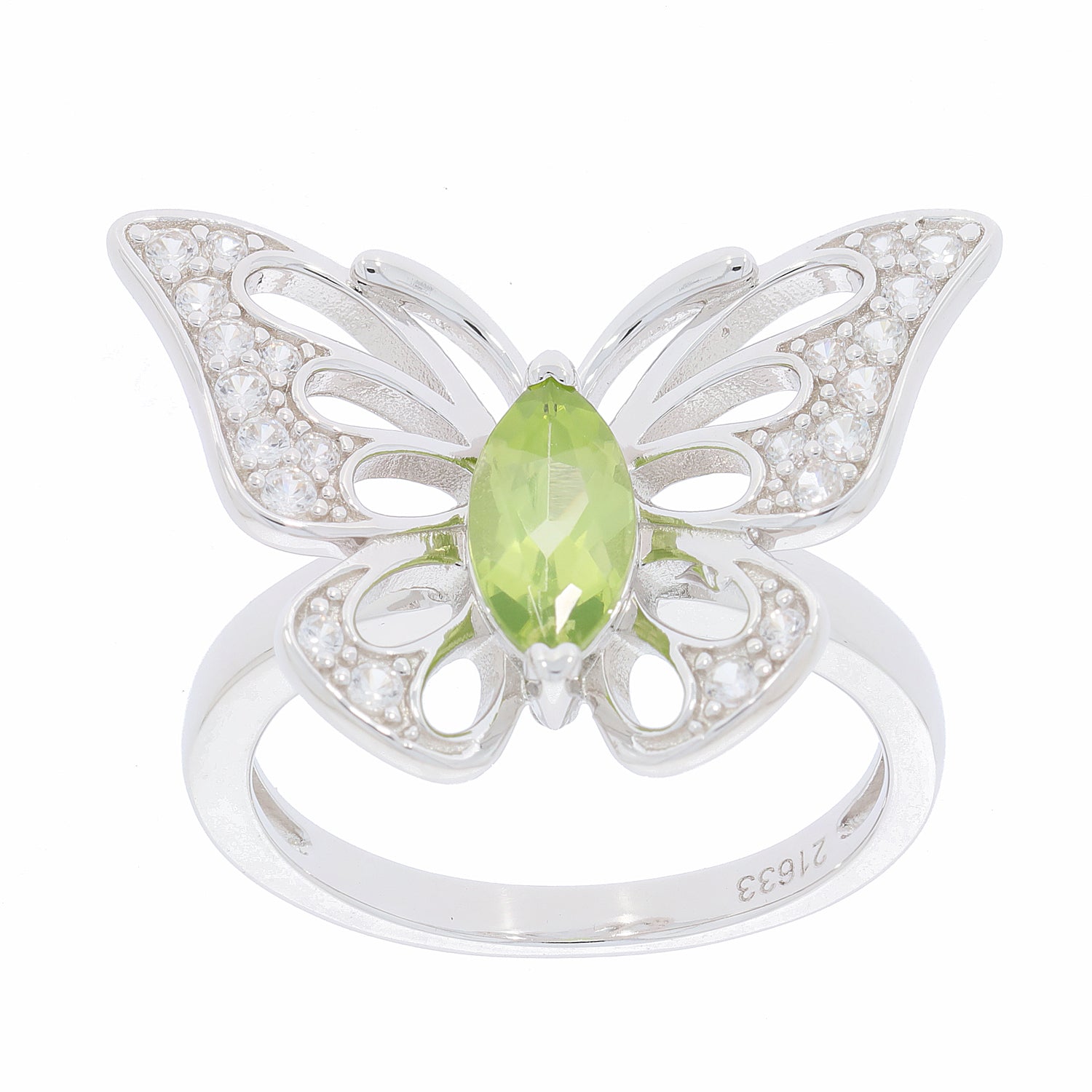 Elegant green peridot butterfly ring with diamond accents in sterling silver, perfect for a sophisticated touch.
