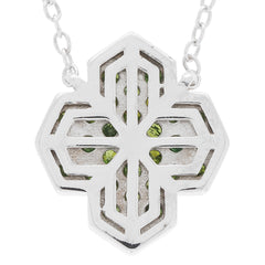 Elegant green diamond sterling silver necklace featuring an intricate cross design with sparkling accents.