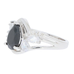 Elegant Pear Black Moissanite Sterling Silver Ring showcasing a stunning black gemstone and sparkling accents.