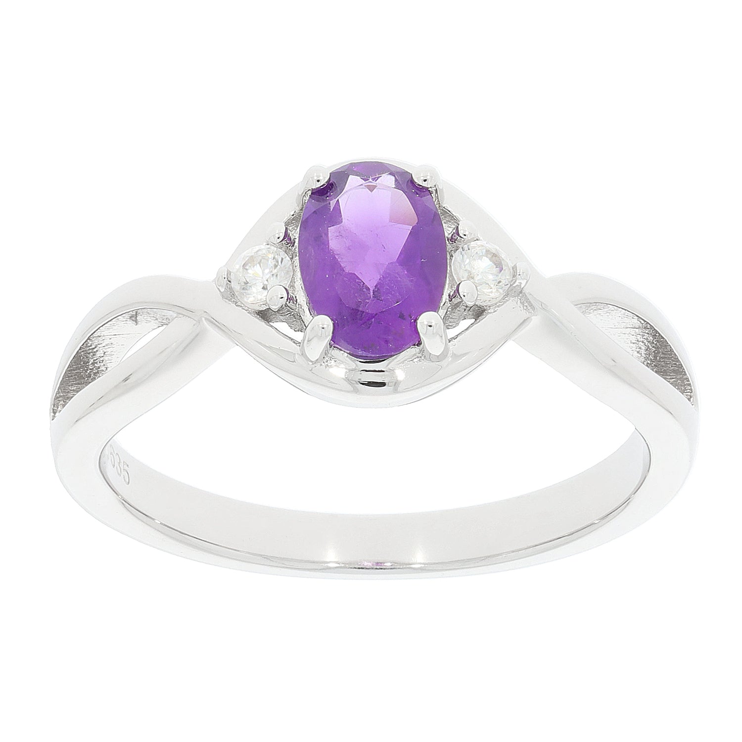 Purple Amethyst sterling silver ring with diamond accent, showcasing elegant design and luxurious sparkles.