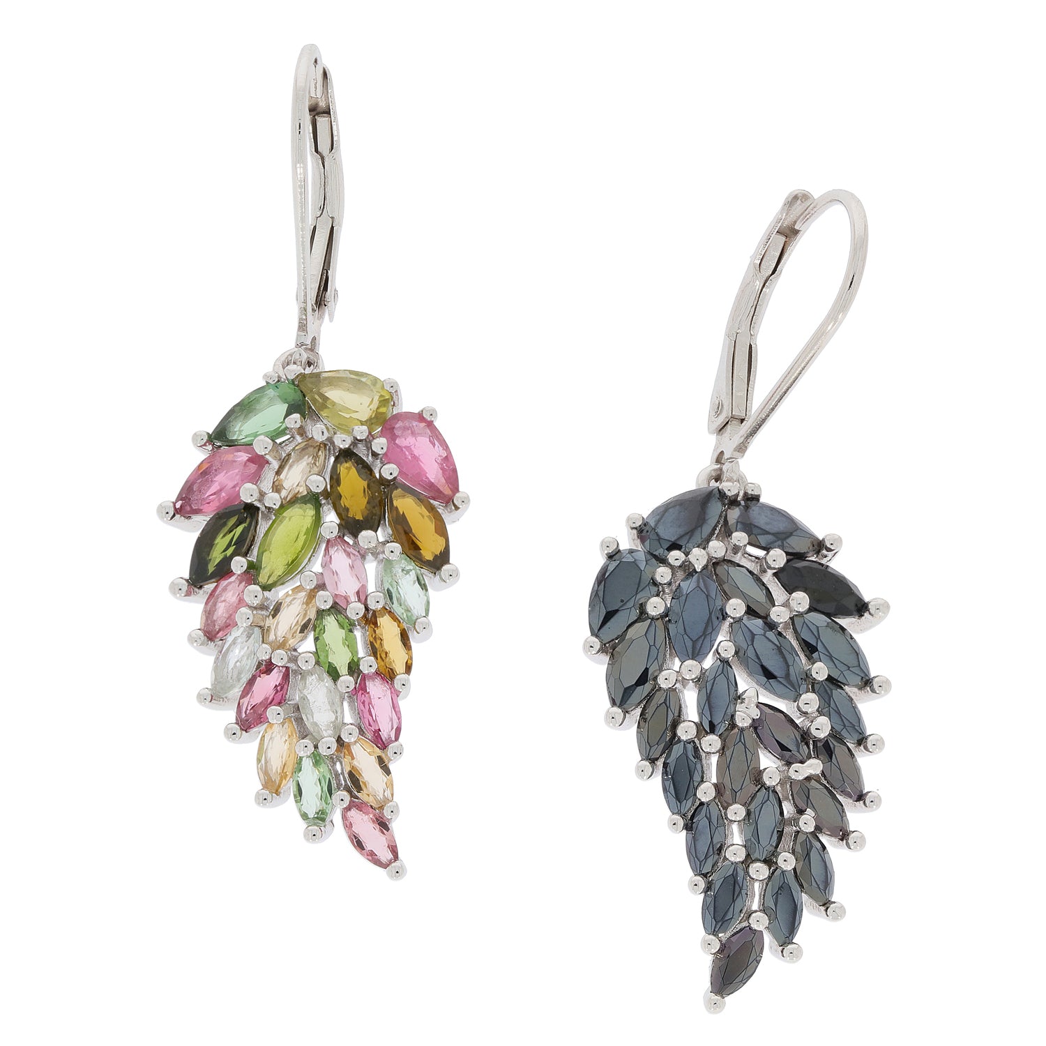 Multi color sapphire sterling silver earrings, modern design with sparkling gemstones, elegant jewelry piece.
