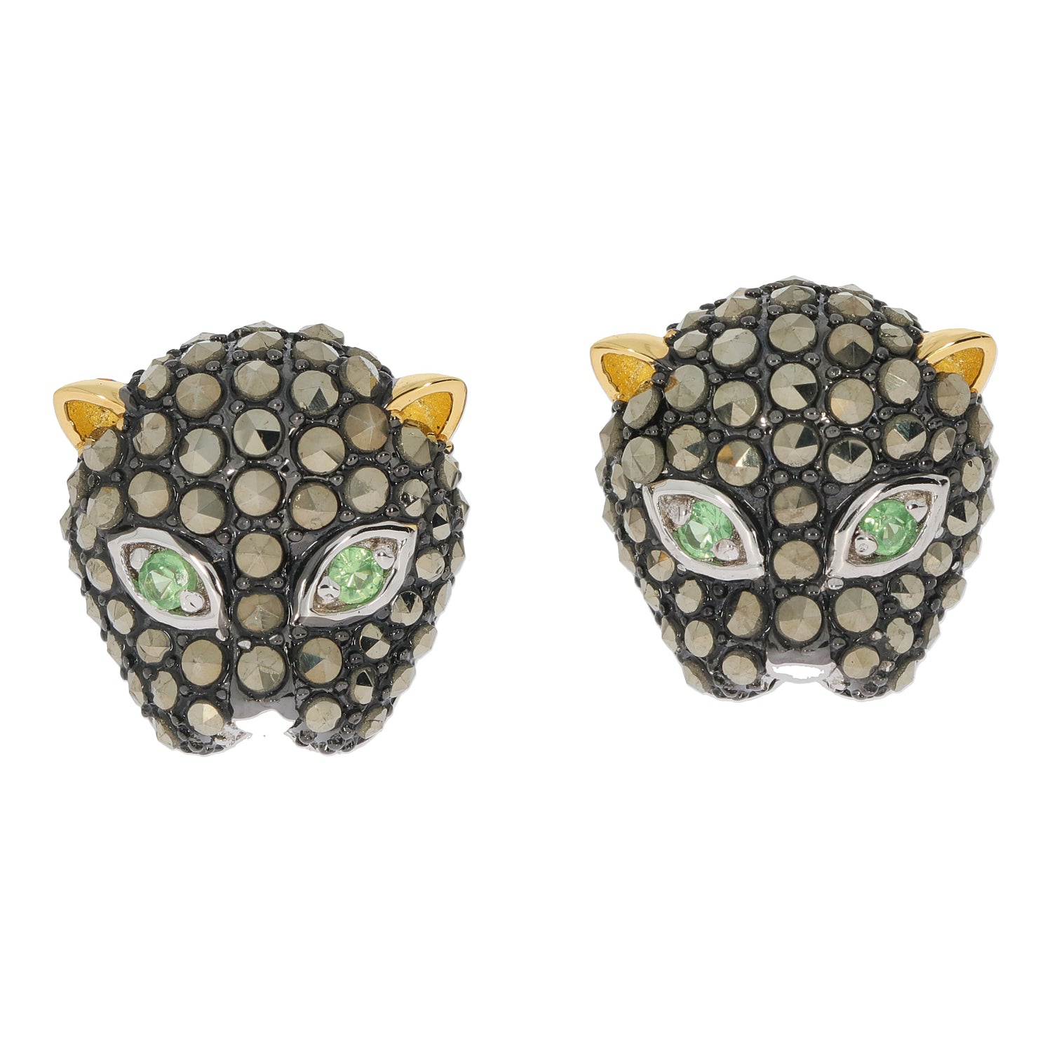 Elegant black and green gemstone panther earrings with sparkling details and gold accents.