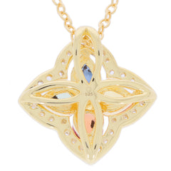Pear-shaped multiple color sapphire pendant in sterling silver, featuring gemstone accents and intricate design.