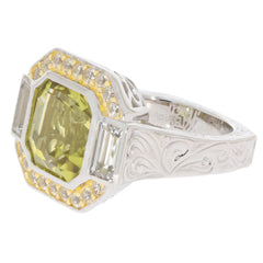 Emerald Yellow Lemon Quartz Sterling Silver Ring with sparkling accent gemstones, showcasing elegance and sophistication.