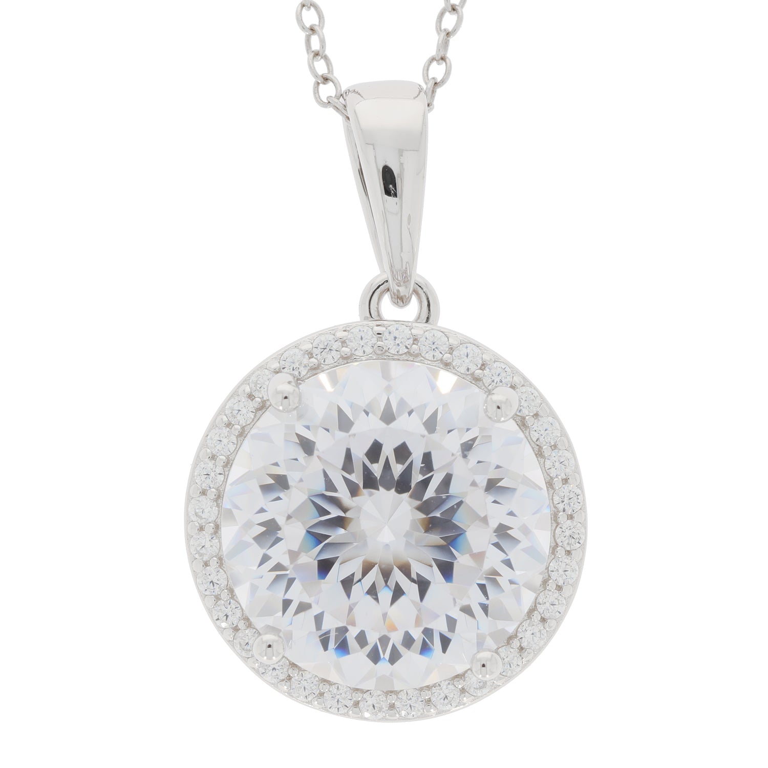 Elegant round white Moissanite pendant in sterling silver, adorned with sparkling accents, perfect for any sophisticated collection.