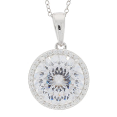 Elegant round white Moissanite pendant in sterling silver, adorned with sparkling accents, perfect for any sophisticated collection.