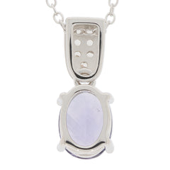 Oval purple sapphire sterling silver pendant with moissanite accent, showcasing elegant gemstone details.