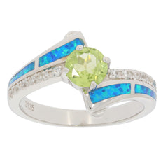 Elegant Green Peridot Sterling Silver Ring with Diamond Accent and Blue Opal Inlay, showcasing luxury and style.