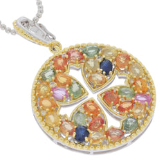 Multiple color sapphire sterling silver pendant with gold accents, featuring an elegant design and sparkling gemstones.