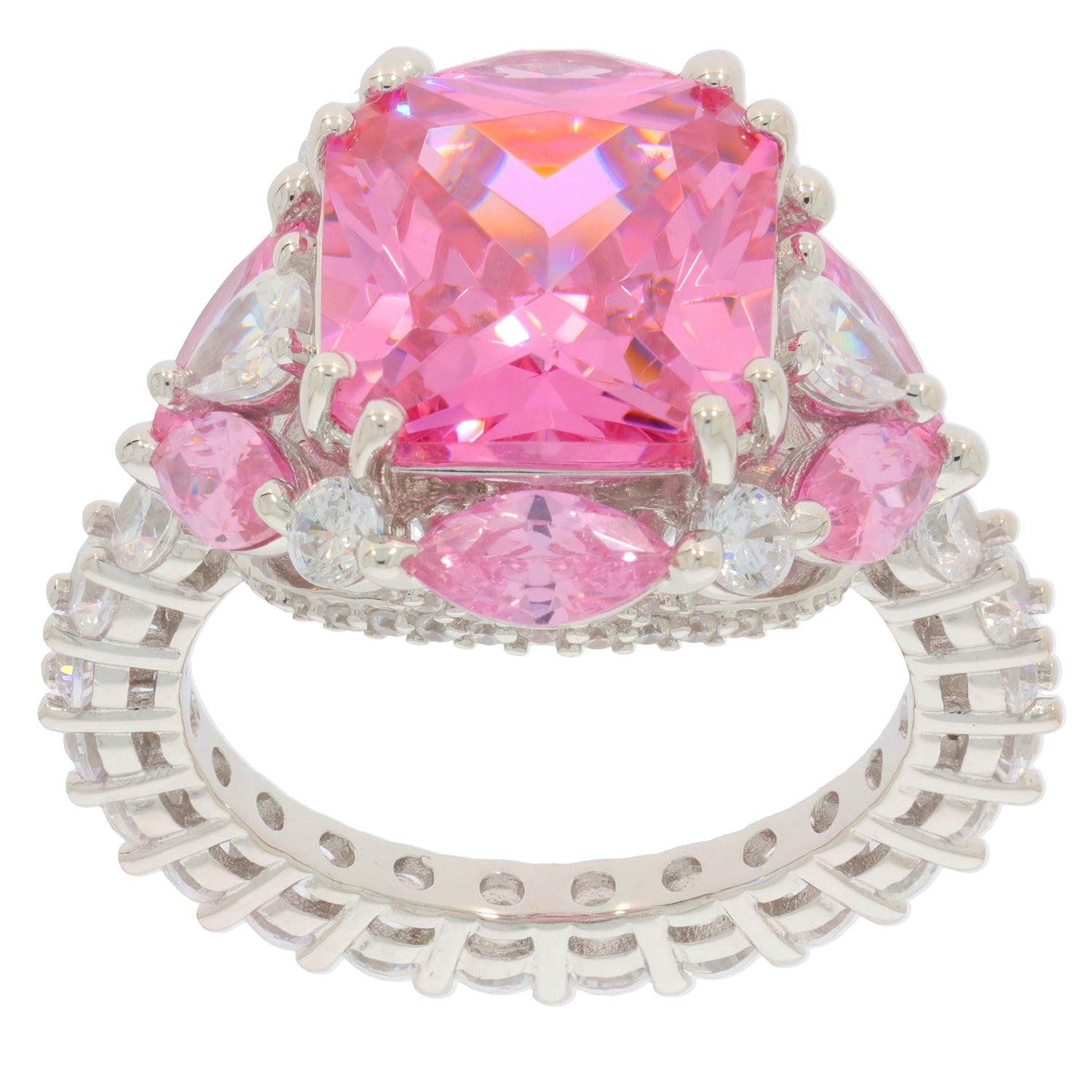 Round pink sapphire sterling silver ring with accent gemstones, showcasing elegance and luxury.