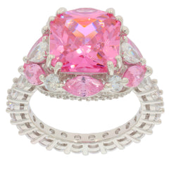 Round pink sapphire sterling silver ring with accent gemstones, showcasing elegance and luxury.