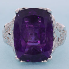 Purple Amethyst sterling silver ring featuring a large gemstone with elegant floral accents.
