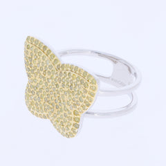 Yellow butterfly ring with sparkling stones on a sterling silver band, showcasing unique jewelry design and elegance.