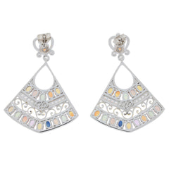 Elegant oval multiple color sapphire sterling silver earrings with intricate design and accents.