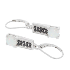Cushion white opal sterling silver earrings with diamond accents, showcasing elegant design and sparkling beauty.