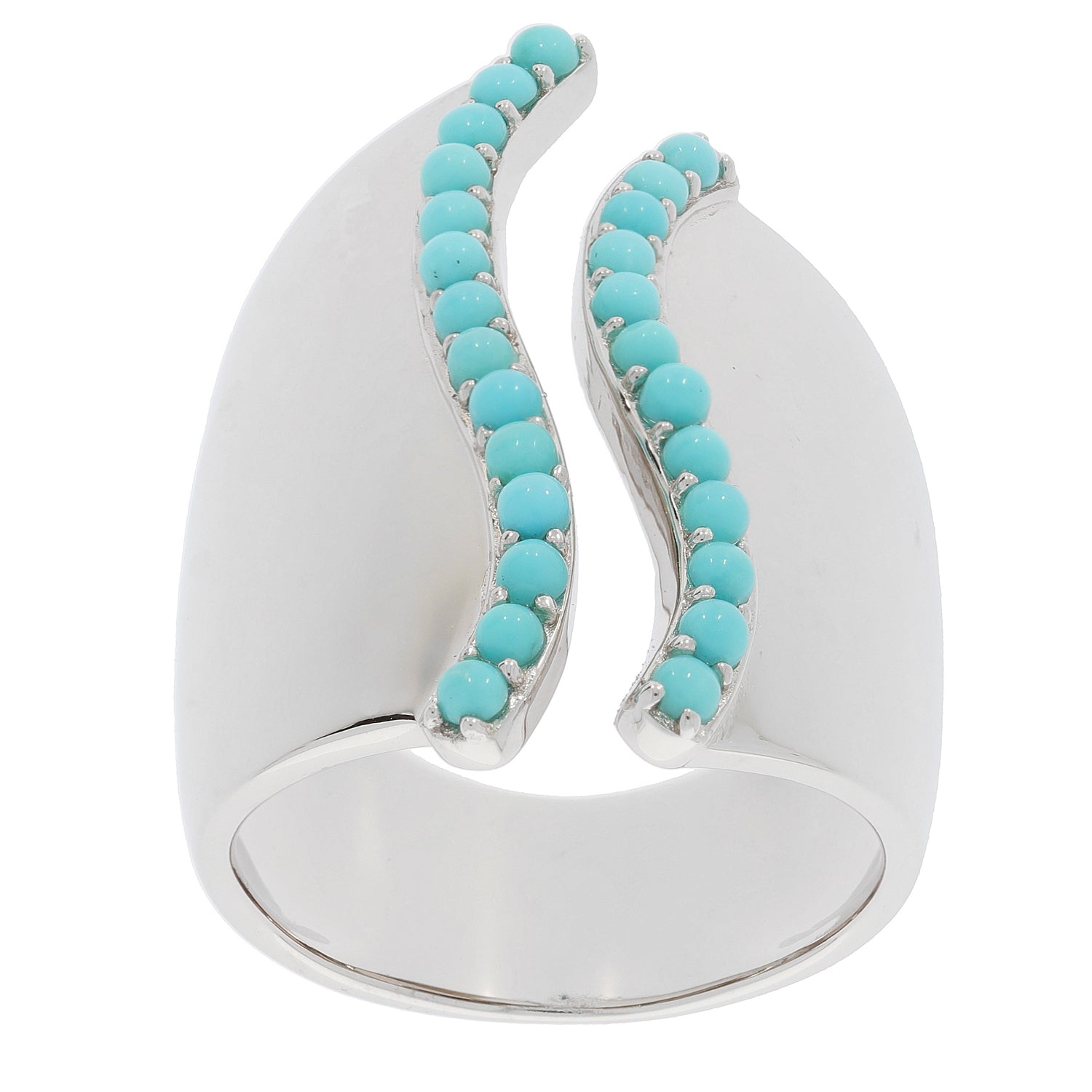 Blue turquoise sterling silver ring featuring elegant curves and accent bead details, perfect for sophisticated style.