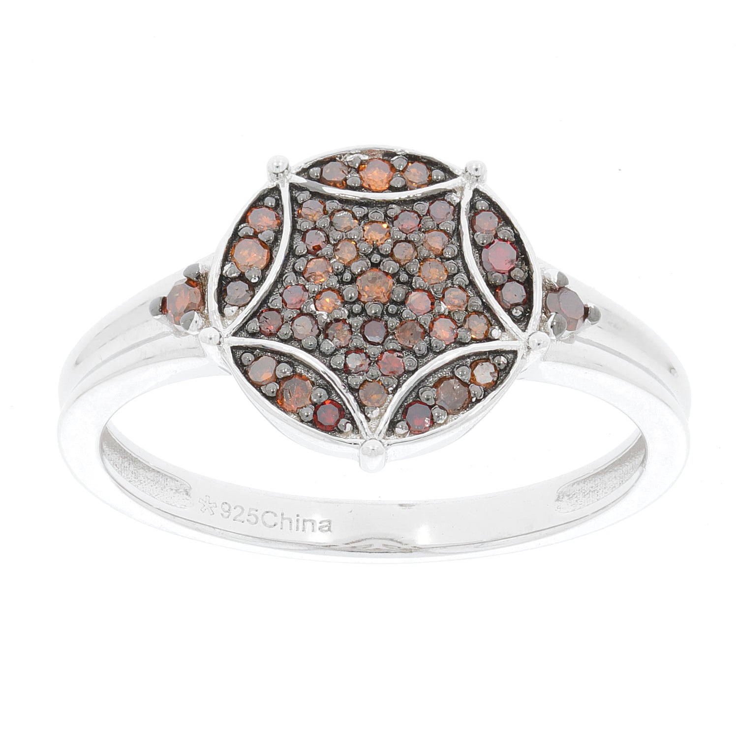 Red Diamond sterling silver ring with sparkling accents, featuring a unique circular design and elegant band.