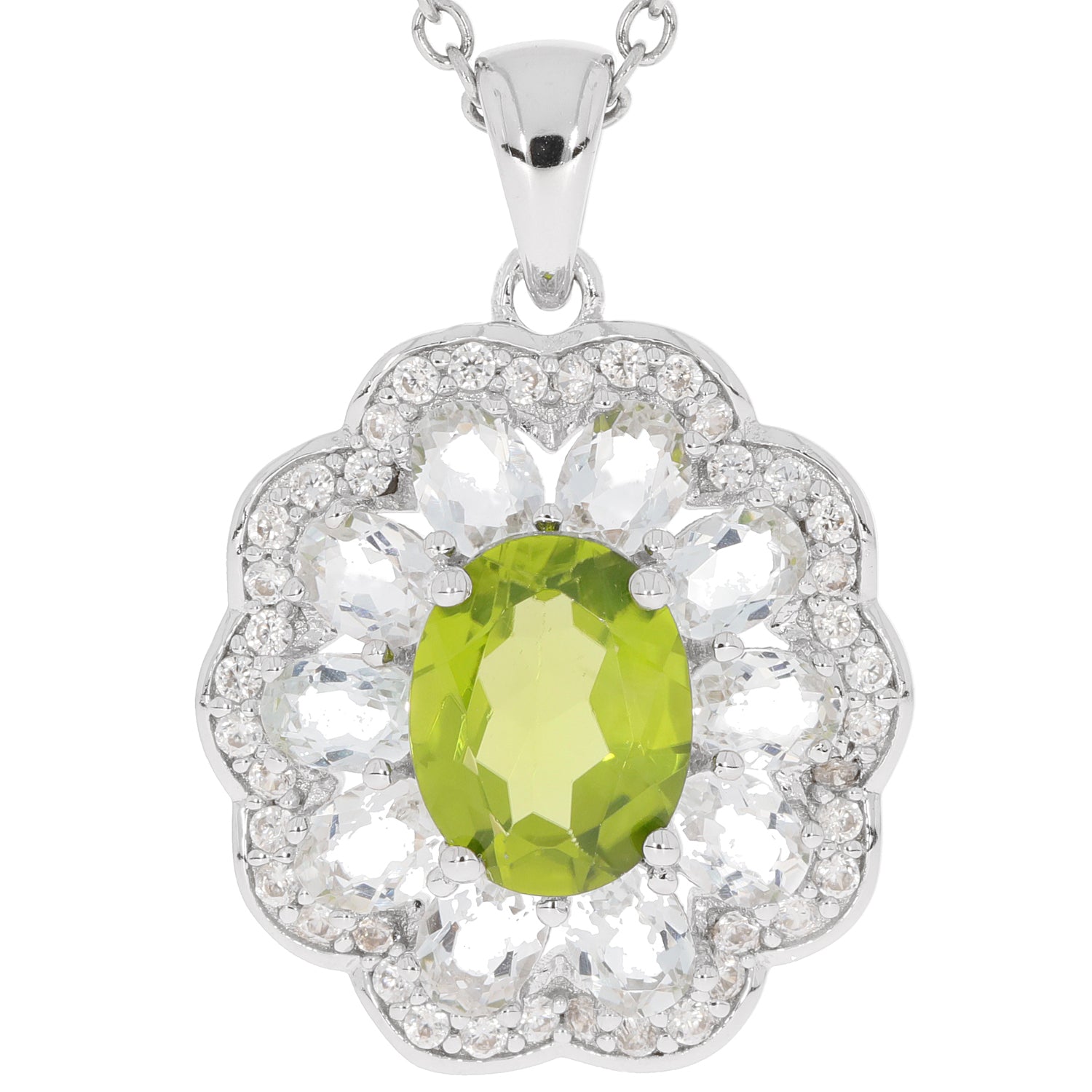 Green peridot sterling silver pendant with accent stones, featuring an elegant floral design.