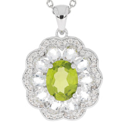 Green peridot sterling silver pendant with accent stones, featuring an elegant floral design.