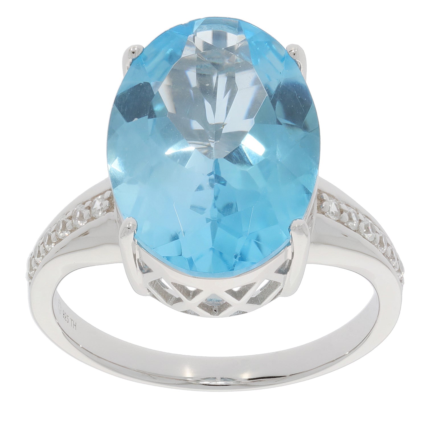 Sterling silver ring setting featuring an oval blue topaz gemstone, ideal for cocktail or semi mount designs.