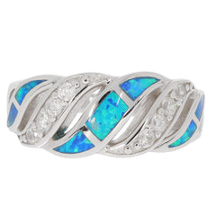Round blue opal sterling silver ring with accent stones, featuring a twisting design and vibrant gemstone hues.
