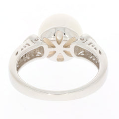Back view of a White Pearl Sterling Silver Ring with intricate detailing and Moissanite accents.