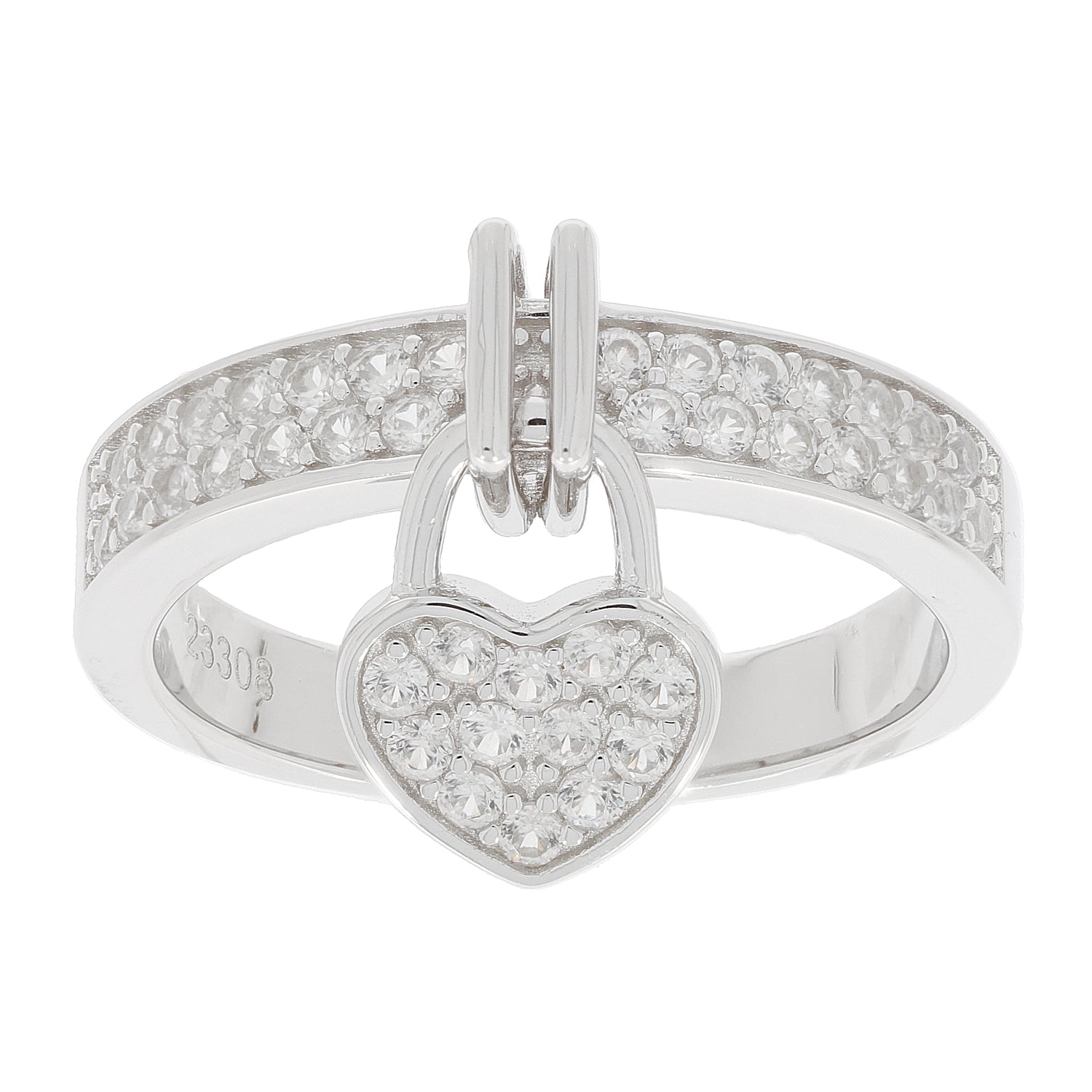 Elegant white Moissanite sterling silver ring with heart accent and sparkling gemstones, perfect for luxury jewelry collections.