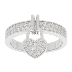 Elegant white Moissanite sterling silver ring with heart accent and sparkling gemstones, perfect for luxury jewelry collections.