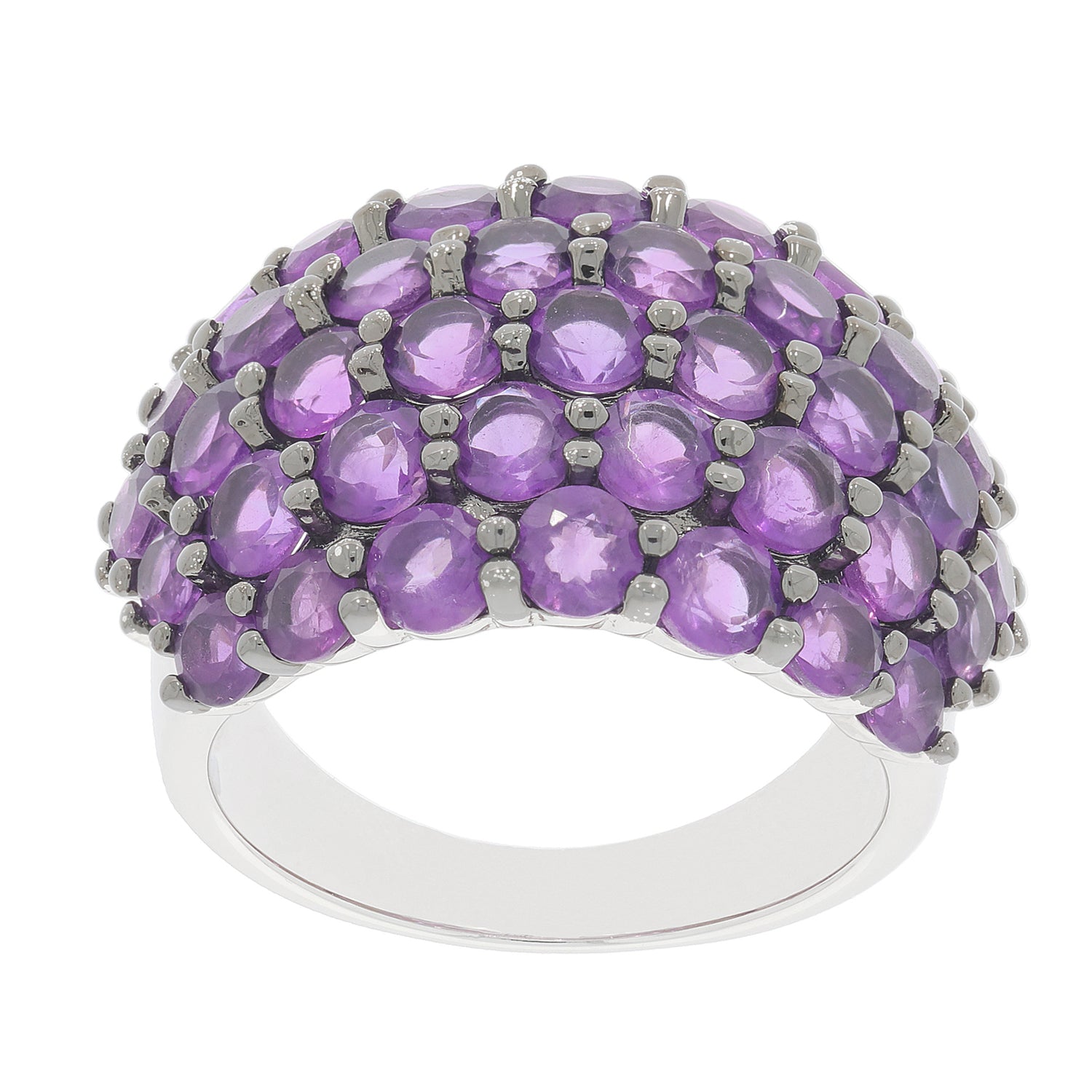 Round sterling silver ring featuring multiple sparkling purple amethyst gemstones in a stylish design.
