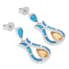 Yellow citrine sterling silver earrings with opal accent, featuring a unique teardrop design and vibrant gemstone details.