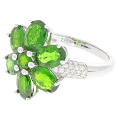 Elegant floral ring featuring oval green chrome diopside gemstones set in sterling silver.