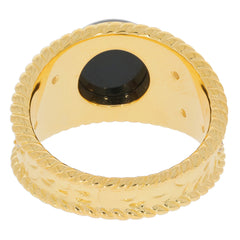 Elegant gold ring with black gemstone and rope design, showcasing luxury and sophistication.