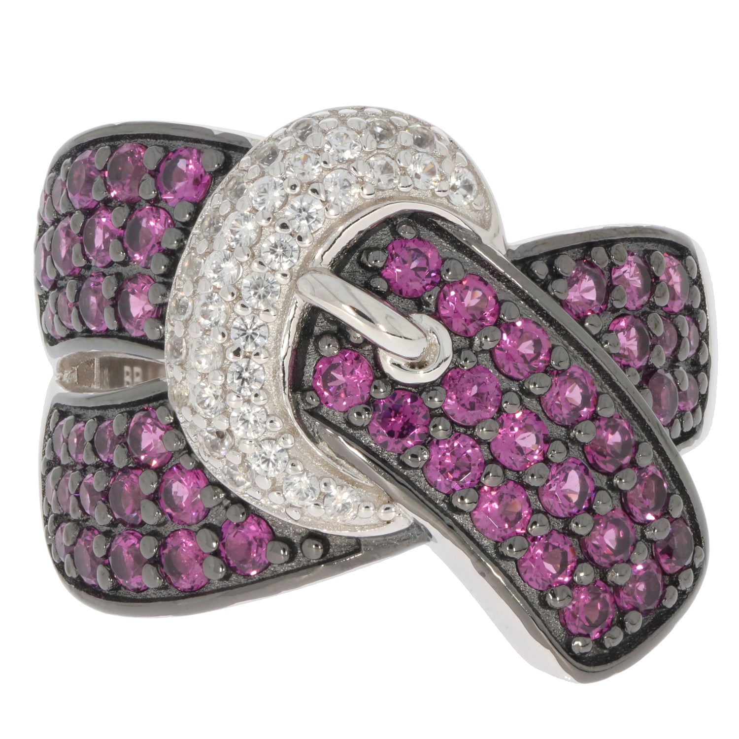 Elegant ring featuring purple and clear gemstones on a sterling silver band, perfect for adding luxury to any outfit.
