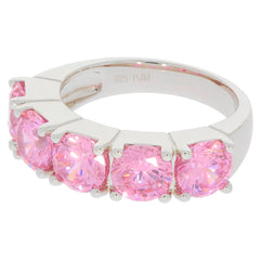 Round pink sapphire ring in sterling silver setting, featuring five sparkling stones for a luxurious look.