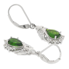 Green chrome diopside sterling silver earrings with diamond accent, featuring elegant pear-shaped gemstones.