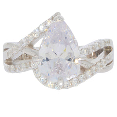 Pear white moissanite sterling silver ring with accent stones, showcasing elegant design and brilliance.