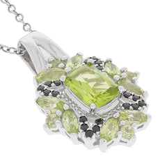 Cushion Green Peridot Sterling Silver Pendant with Black Spinel, featuring luxurious design and sparkling gemstones.