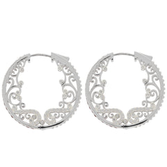 Elegant sterling silver hoop earrings with intricate swirl design and polished finish.