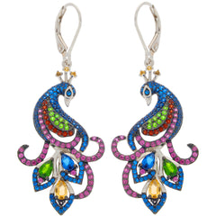 Colorful peacock earrings with vibrant gemstones in silver setting, perfect for adding elegance to any outfit.